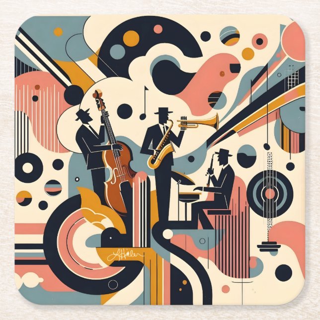 Mid Century Jazz Age Psykedelisk Trio Underlägg Papper Kvadrat (Framsidan)