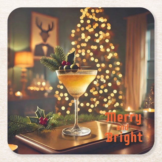 Mid Century Jul Merry & Bright Cocktail  Underlägg Papper Kvadrat (Framsidan)