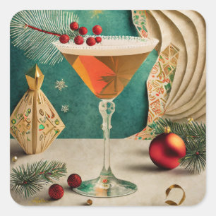Mid Century-julafton Cocktail Party Lycklig Fyrkantigt Klistermärke