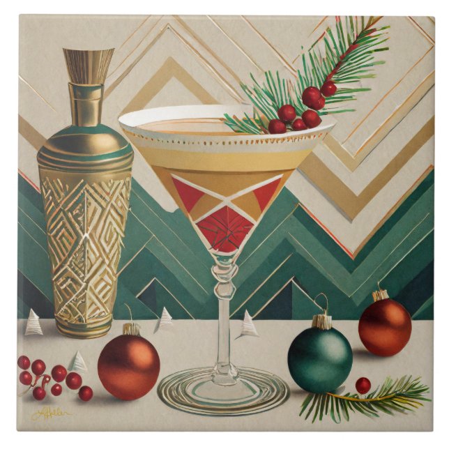 Mid Century-julafton Cocktail Party Lycklig Kakelplatta (Framsidan)