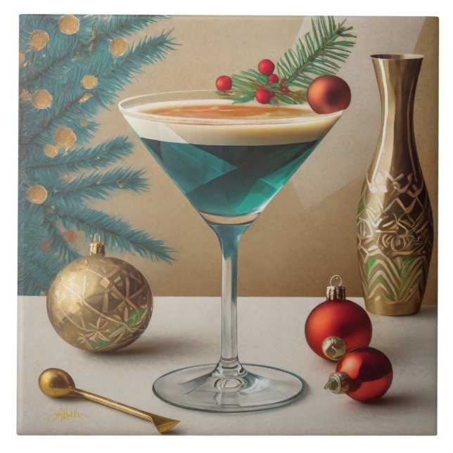Mid Century-julafton Cocktail Party Lycklig Kakelplatta (Framsidan)