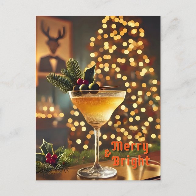 Mid Century-jultomte och Bright Cocktail Vykort (Framsida)