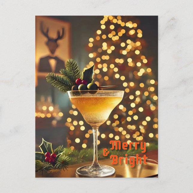 Mid Century-jultomte och Bright Cocktail Vykort (Framsida)