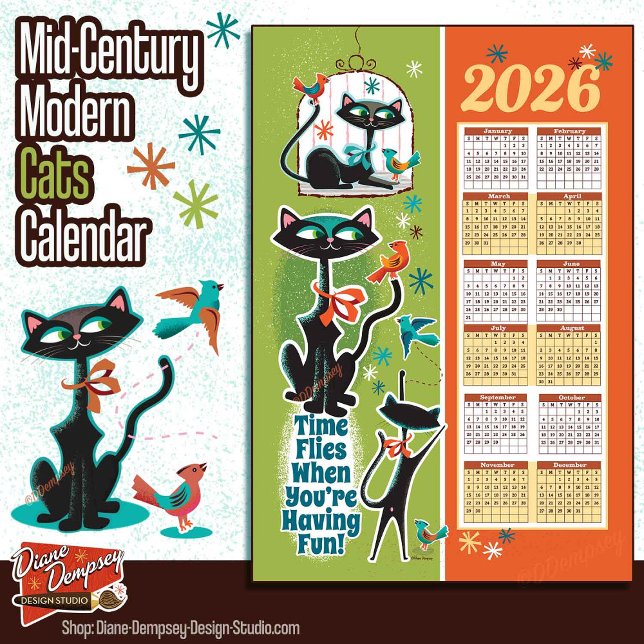 Mid-Century Kattram Kalender Kökshandduk Grön/Rost (Skapare uppladdad)