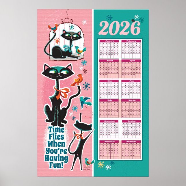 Mid-Century Kattrender Kalender Kök Affisch (Framsidan)