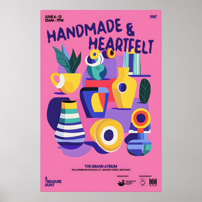 Mid-Century Keramiktryck Rosa Abstrakt Vas Konst Poster (Framsidan)