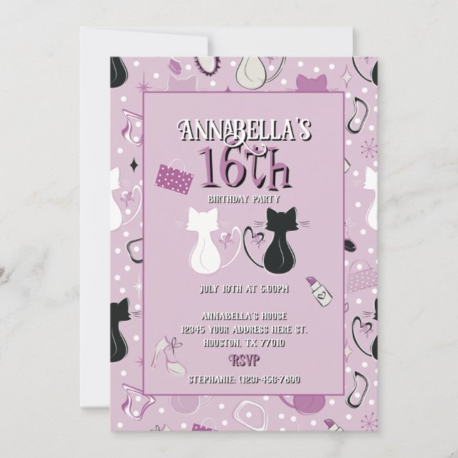 Mid Century Lila Heart Cats Birthday-inbjudan Inbjudningar (Framsida)