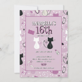 Mid Century Lila Heart Cats Birthday-inbjudan Inbjudningar