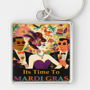 Mid Century Mardi Gras Cocktail Party Fyrkantig Silverfärgad Nyckelring