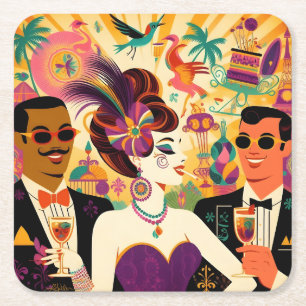 Mid Century Mardi Gras Cocktail Party Underlägg Papper Kvadrat