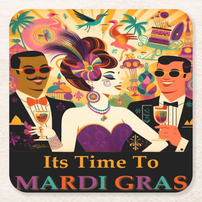 Mid Century Mardi Gras Cocktail Party Underlägg Papper Kvadrat (Framsidan)