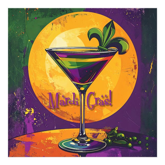 Mid Century Mardi Gras Solnedgång Fleur De Lis Mar Fototryck (Framsidan)