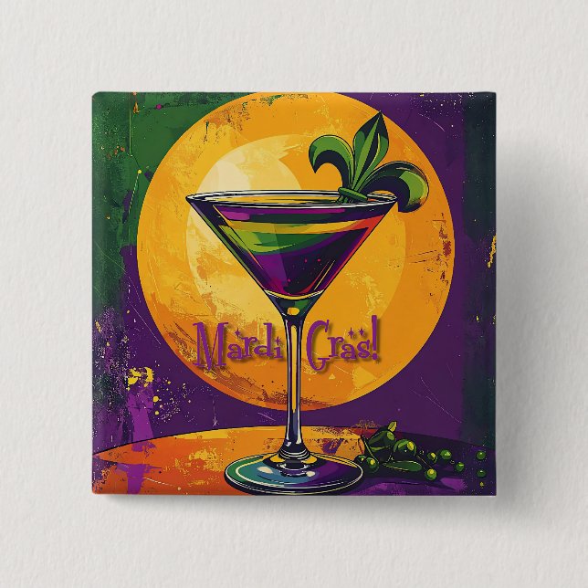 Mid Century Mardi Gras Solnedgång Fleur De Lis Mar Knapp (Framsida)