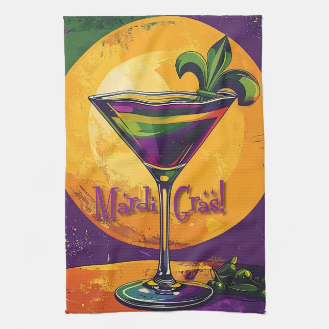 Mid Century Mardi Gras Sunset Fleur De Lis Martini Kökshandduk (Vertikal)