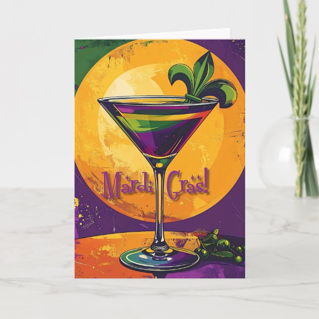 Mid Century Mardi Gras Sunset Fleur De Lis Martini Kort (Framsida)