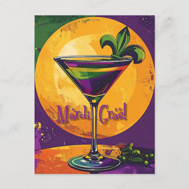 Mid Century Mardi Gras Sunset Fleur De Lis Martini Vykort (Framsida)