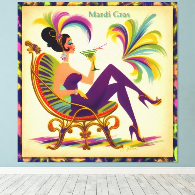 Mid Century Mardi Gras Woman med Martini Canvastryck (Insitu (trägolv))