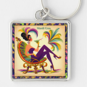 Mid Century Mardi Gras Woman med Martini Fyrkantig Silverfärgad Nyckelring