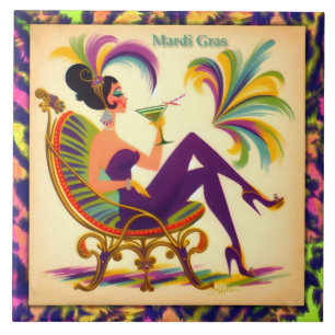 Mid Century Mardi Gras Woman med Martini Kakelplatta