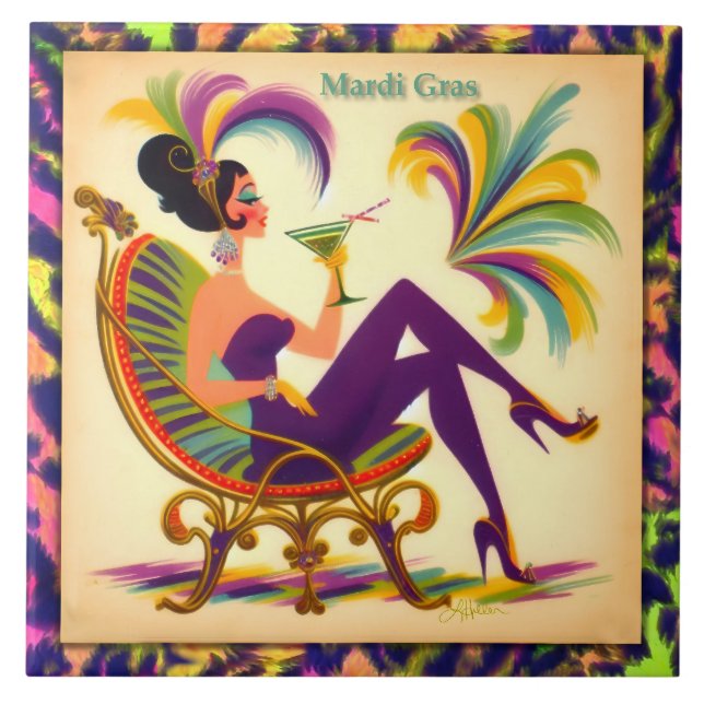 Mid Century Mardi Gras Woman med Martini Kakelplatta (Framsidan)