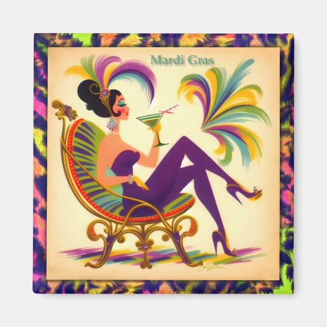 Mid Century Mardi Gras Woman med Martini Magnet (Framsidan)
