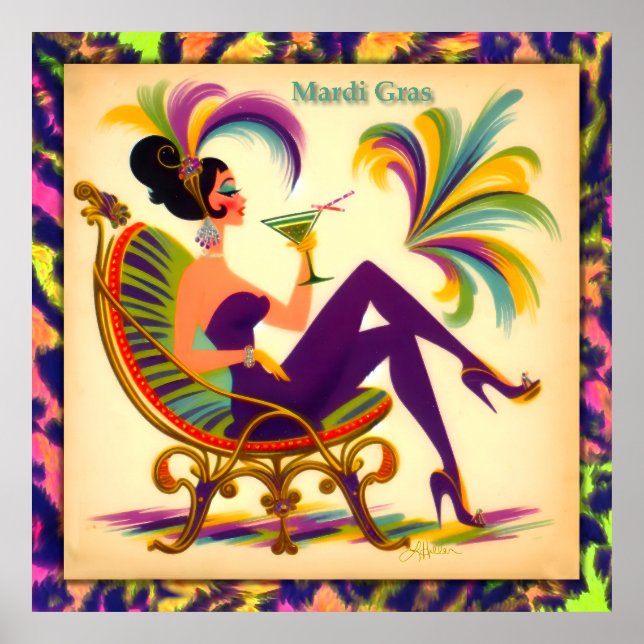 Mid Century Mardi Gras Woman med Martini Poster (Framsidan)