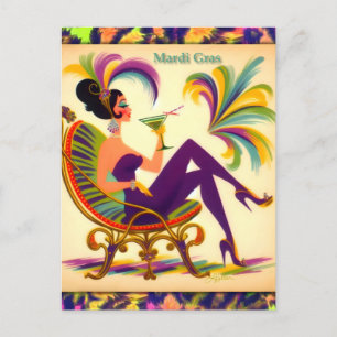 Mid Century Mardi Gras Woman med Martini Vykort
