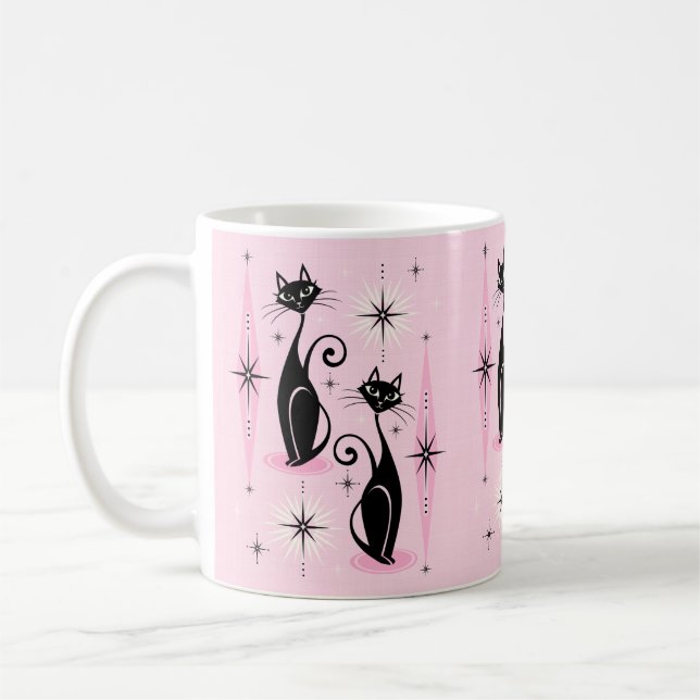 Mid Century Meow Retro Atom Katter på Cool Rosa Kaffemugg (Vänster)