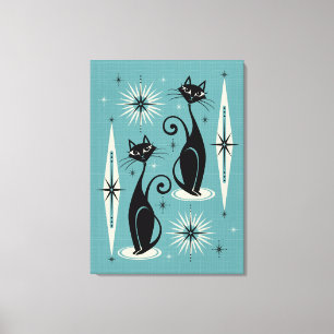 Mid Century Meow Retro Atomic Cats on Blue Canvastryck