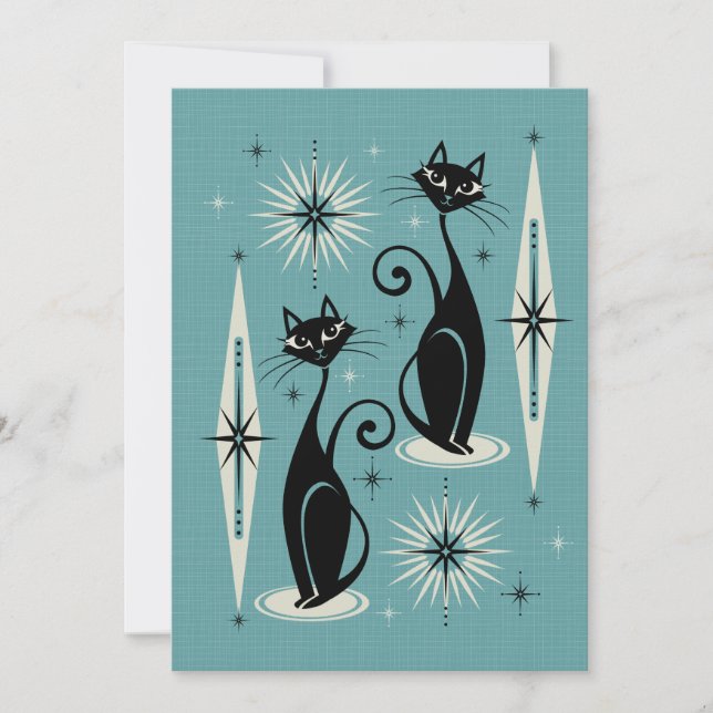 Mid Century Meow Retro Atomic Cats on Blue Inbjudningar (Framsida)