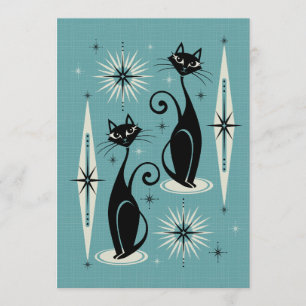 Mid Century Meow Retro Atomic Cats on Blue Inbjudningar