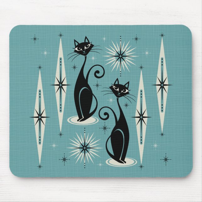 Mid Century Meow Retro Atomic Cats on Blue Musmatta (Framsidan)