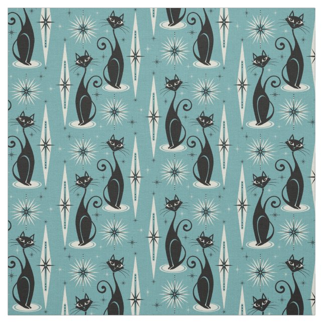 Mid Century Meow Retro Atomic Cats on Blue Tyg (Provkarta)