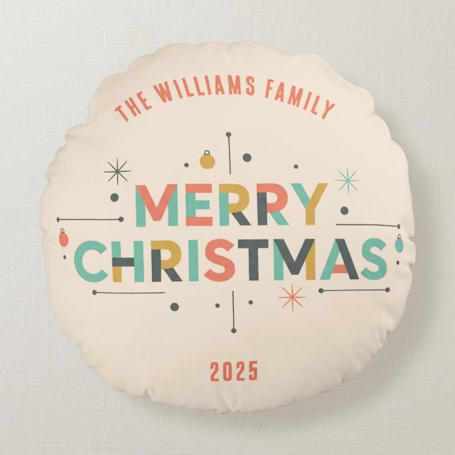 Mid-Century Merry Christmas – Retro Style Rund Kudde (Framsidan)