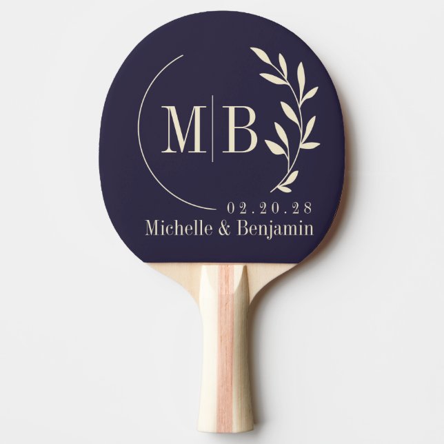 Mid-Century Midnatt Ocean Leaf Bröllopsmonogram Pingisracket (Framsidan)