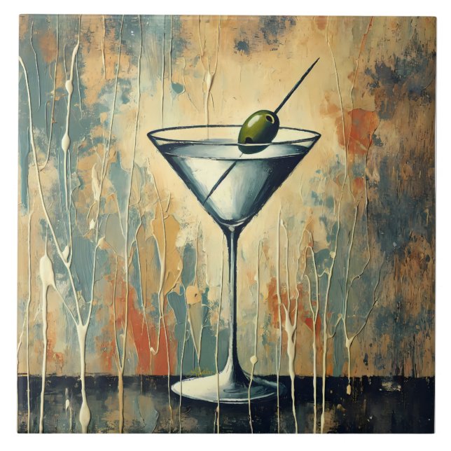 Mid Century Mixed Media Martini Konst Kakelplatta (Framsidan)