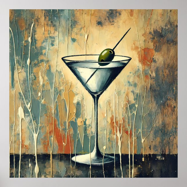 Mid Century Mixed Media Martini Konst Poster (Framsidan)