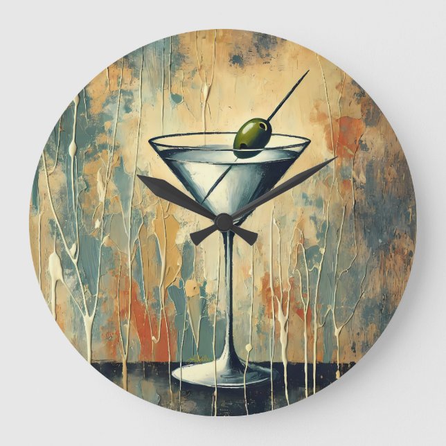 Mid Century Mixed Media Martini Konst Stor Klocka (Framsida)