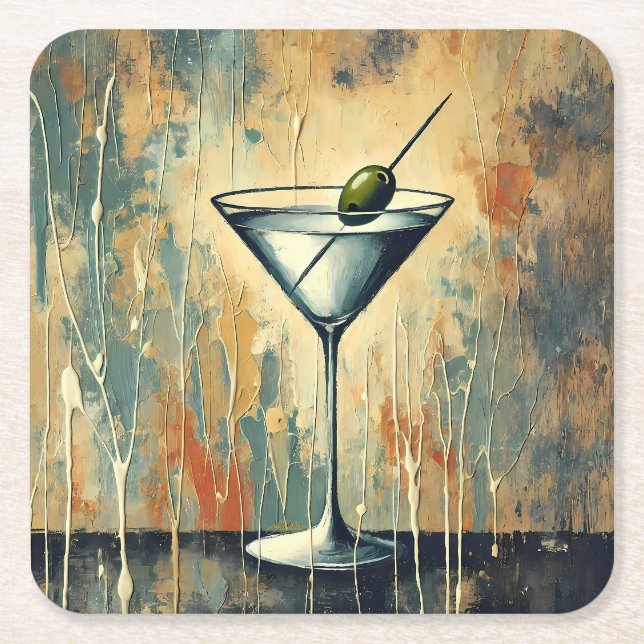 Mid Century Mixed Media Martini Konst Underlägg Papper Kvadrat (Framsidan)