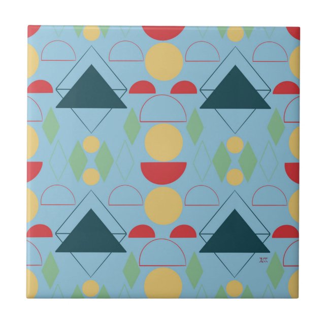 Mid Century-Mod Geometric Blue Ceramic Tile Kakelplatta (Framsidan)