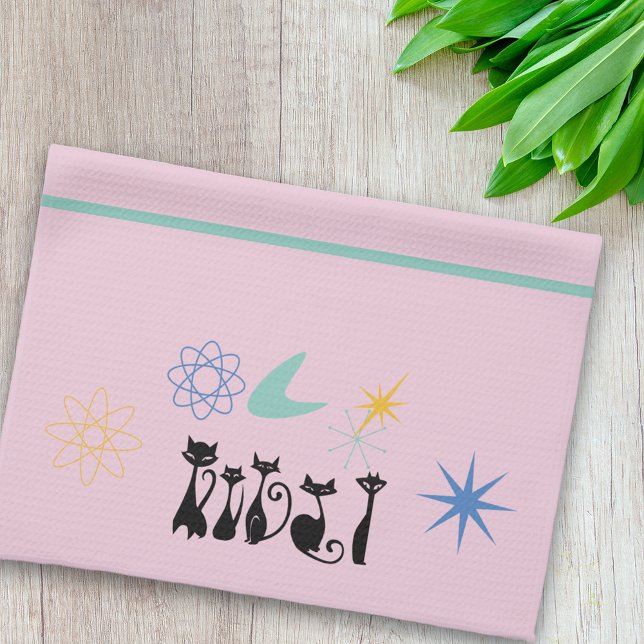 Mid Century Modern 50s Svarta Katter Atom  Kökshandduk (Skapare uppladdad)