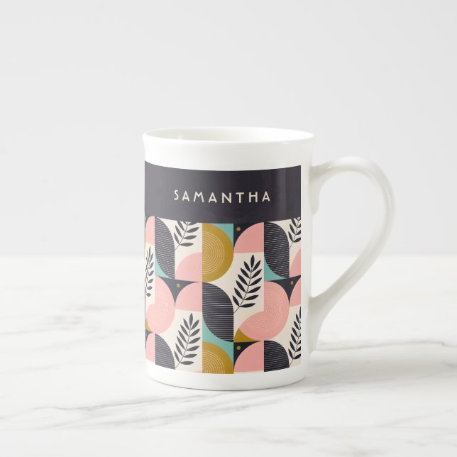 Mid Century Modern Abstrakt Mönster Boho Anpassad Benporslin Mugg (Höger)