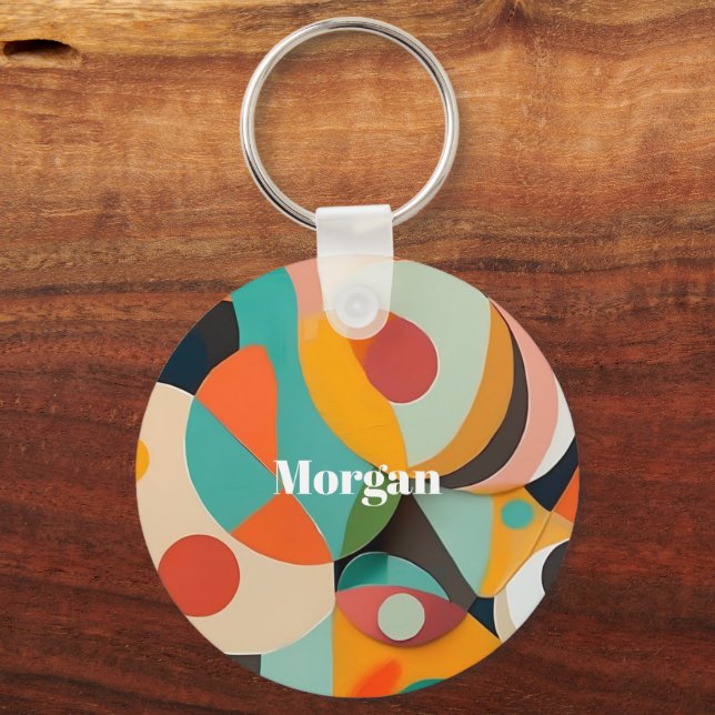 Mid Century Modern Art Monogram eller Namn, Geomet Nyckelring (Framsida)