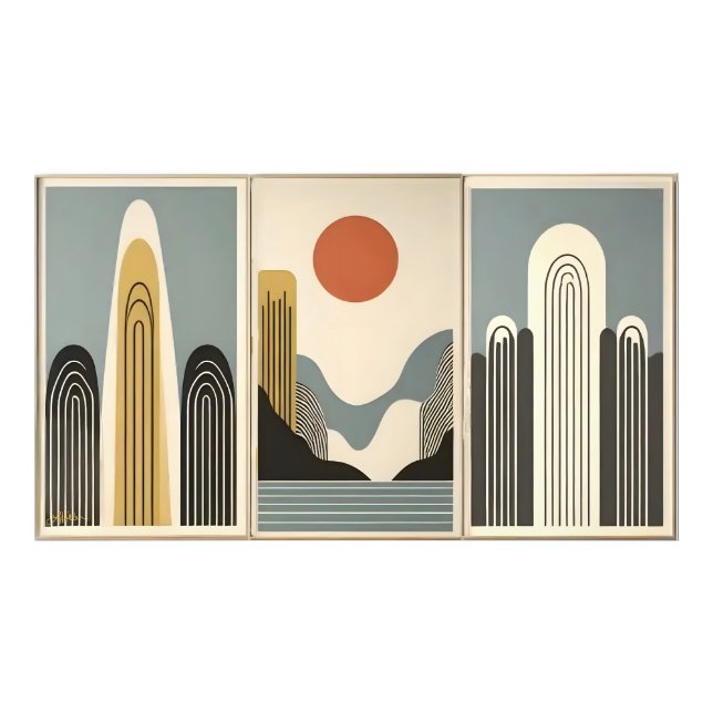 Mid Century Modern Art Mountain Lake Sunrise Fototryck (Framsidan)