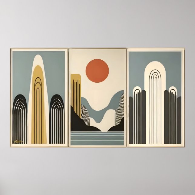 Mid Century Modern Art Mountain Lake Sunrise Poster (Framsidan)