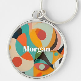 Mid Century Modern Art, Namn eller Monogram Geomet Rund Silverfärgad Nyckelring