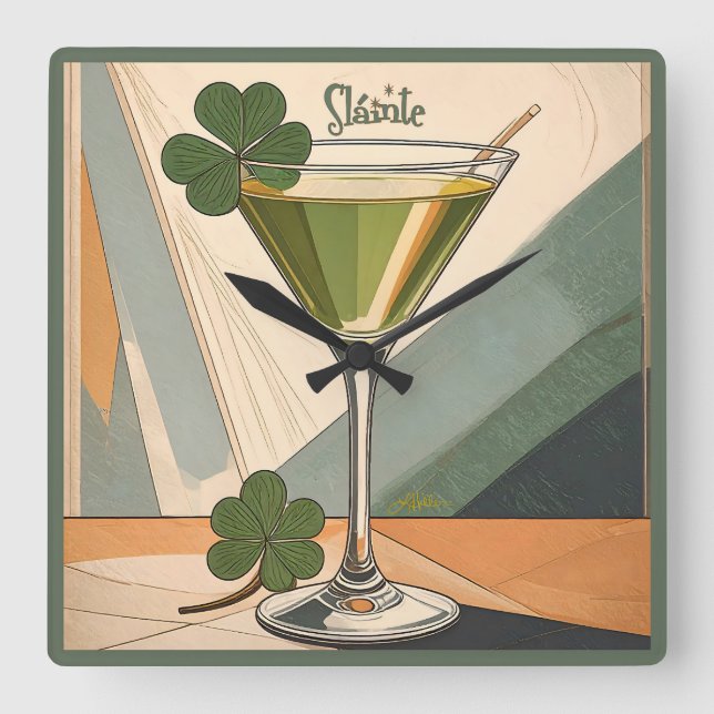 Mid Century Modern Art Shamrock Martini Sláinte!  Fyrkantig Klocka (Framsida)