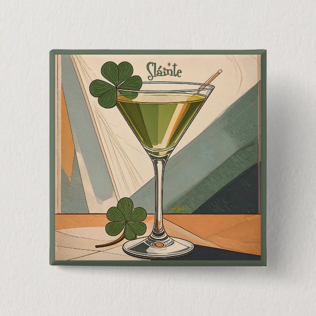 Mid Century Modern Art Shamrock Martini Sláinte!  Knapp (Framsida)