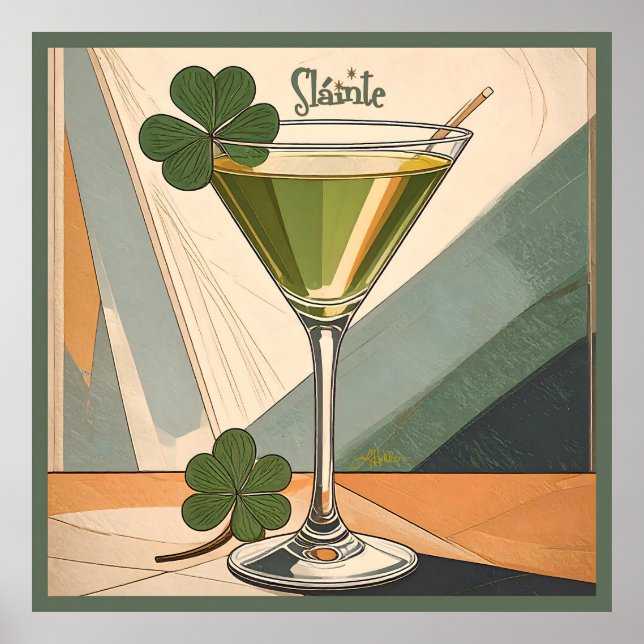 Mid Century Modern Art Shamrock Martini Sláinte!  Poster (Framsidan)