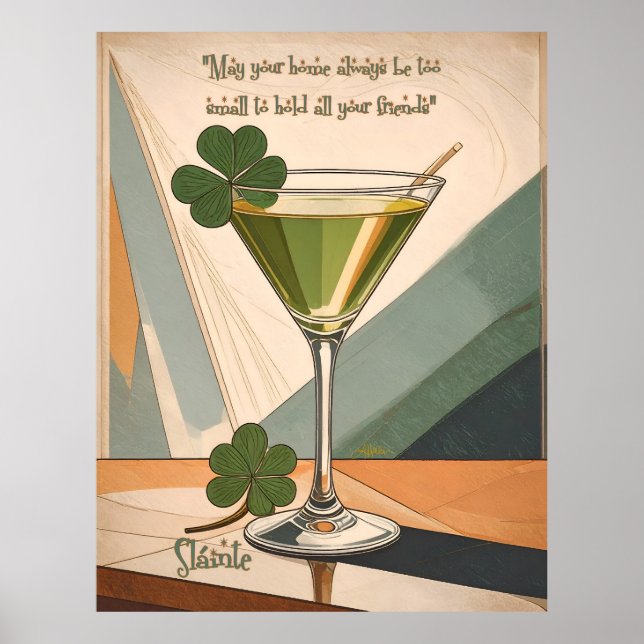 Mid Century Modern Art Shamrock Martini Sláinte!  Poster (Framsidan)